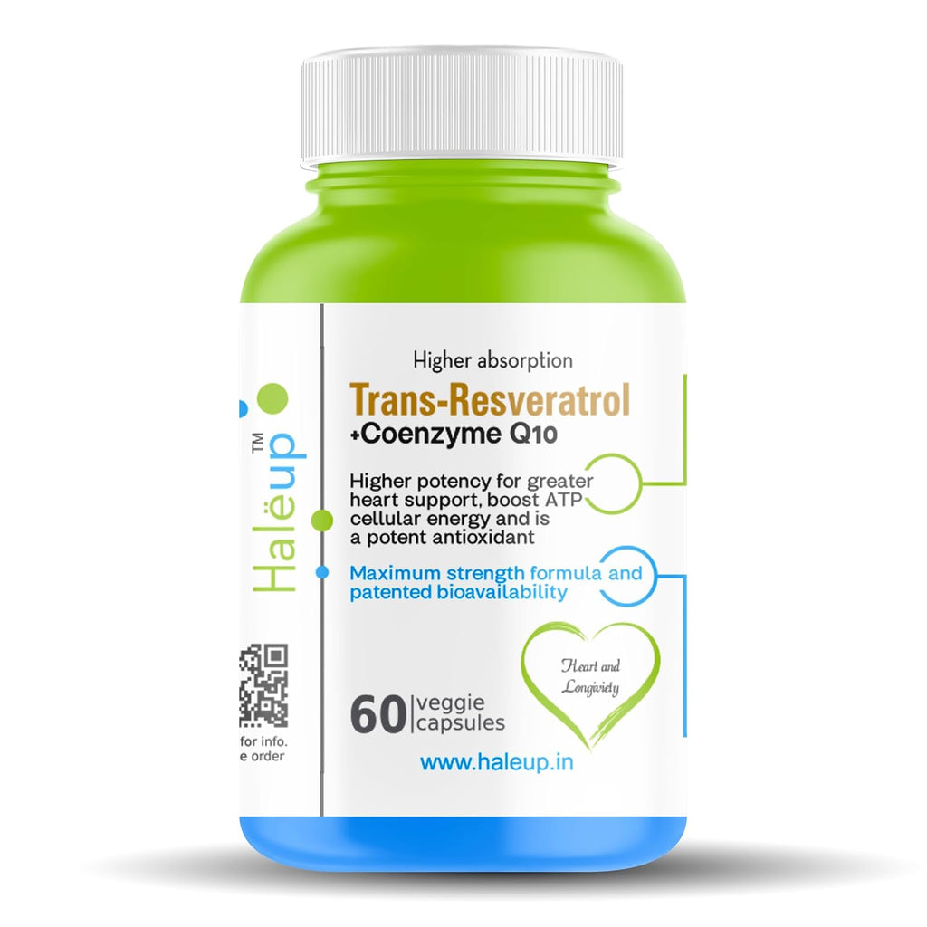 Haleup Trans Resveratrol, 500 mg || 60 capsules II Enriched with Coenzyme Q10 || Healthy Heart|| Brain|| Immunity