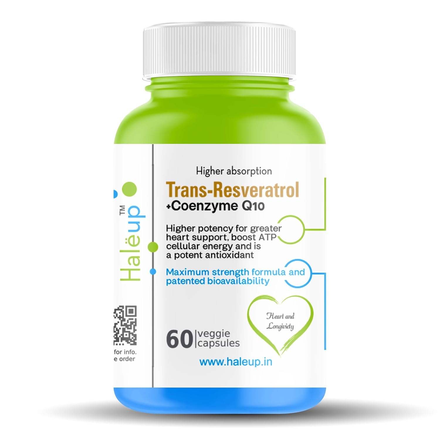 Haleup Trans Resveratrol, 500 mg || 60 capsules II Enriched with Coenzyme Q10 || Healthy Heart|| Brain|| Immunity