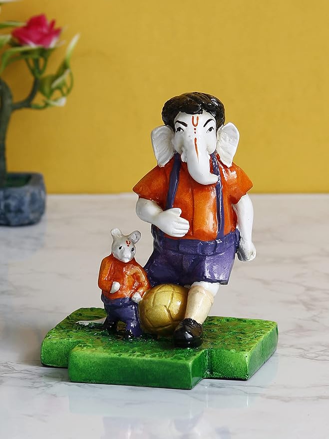 Ecraftindia Handcrafted Polyresin Lord Ganesha Idol Playing Football With Mushak Statue for Sports Enthusiasts and Ganesha Devotees