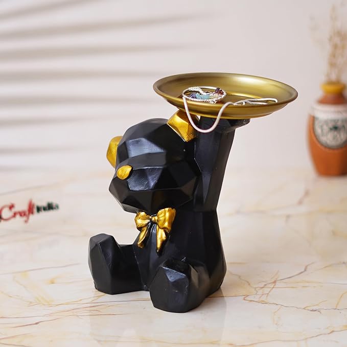 Ecraftindia Geometric Black Sitting Teddy Bear Statue Holding Tray Decorative Showpiece for Home