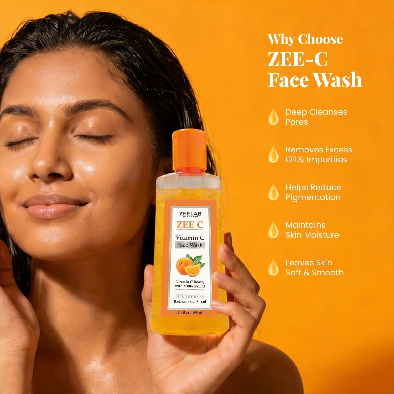 Zeelab ZEE-C Vitamin C Face Wash 200ml | Brightening Face Cleanser with Niacinamide, Aloe Vera, Licorice & Mulberry Extract | Helps Reduce Dullness, Dark Spots & Excess Oil | Gentle Daily Face Wash for Oily, Normal & Combination Skin