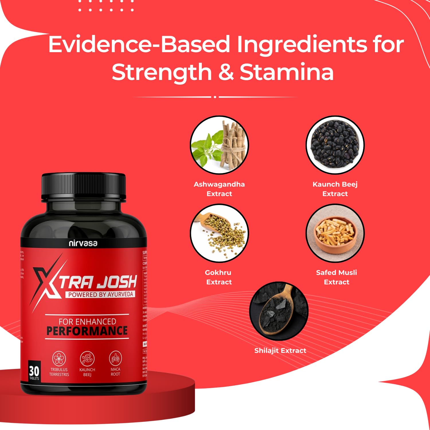 Nirvasa Xtra Josh Tablets for Men (30 Tabs) | Stamina, Energy & Performance Booster | Boosts Vitality, Strength & Endurance | Muscle Support, Enriched with Saponins