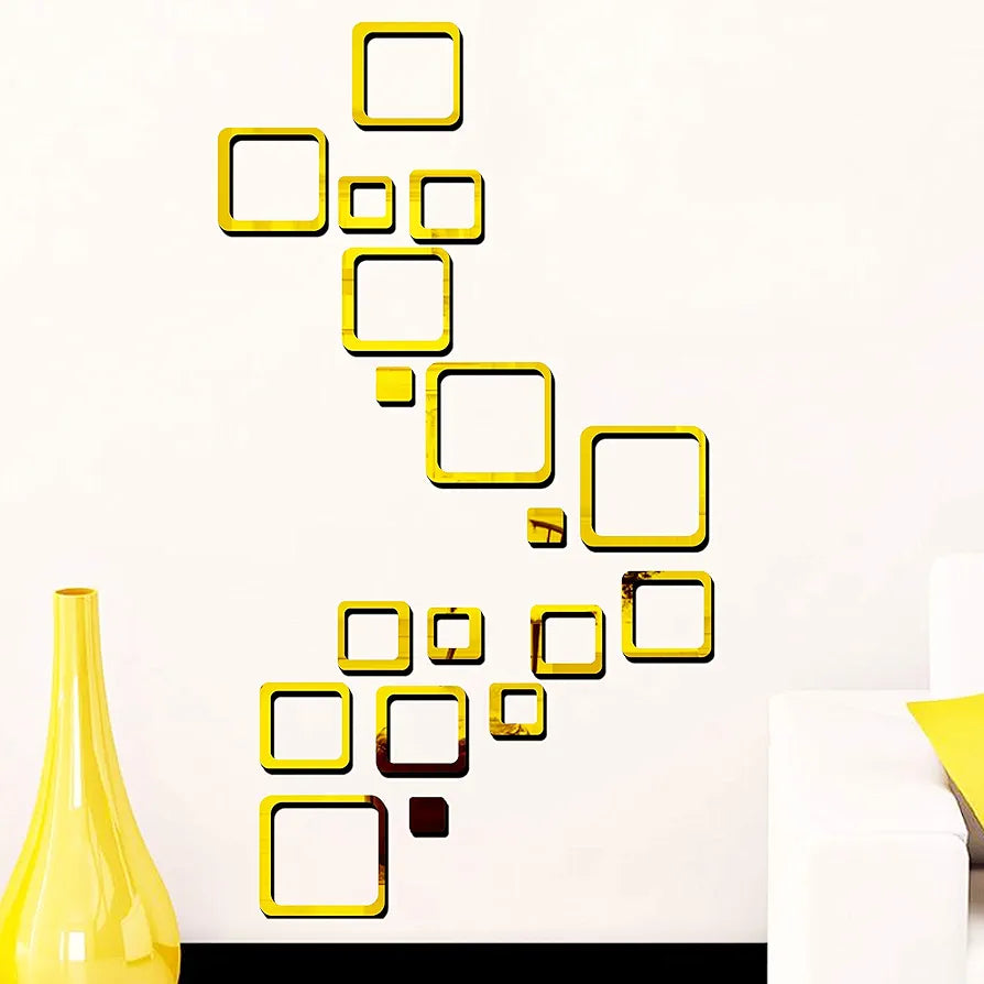 Bikri Kendra Sun Silver with 12 Square Golden 3D Mirror Wall Stickers