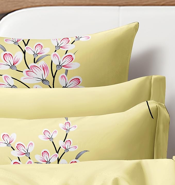 Cortina 140 Tc 100% Microfiber Printed Double Bedsheet Set With Two Pillow Case | 90x100 Inches | Leaf | Yellow