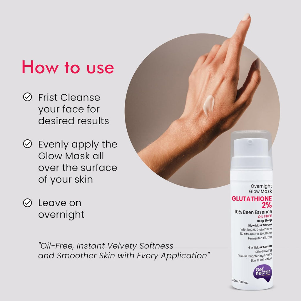 Get Nectar Happiness Overnight Glow Mask 2% Glutathione Cream (Oil Free) with 10% Been Fermented Filtrate Essence for Skin Glowing Texture-Brightening facial, Skin Illumination (30ml)