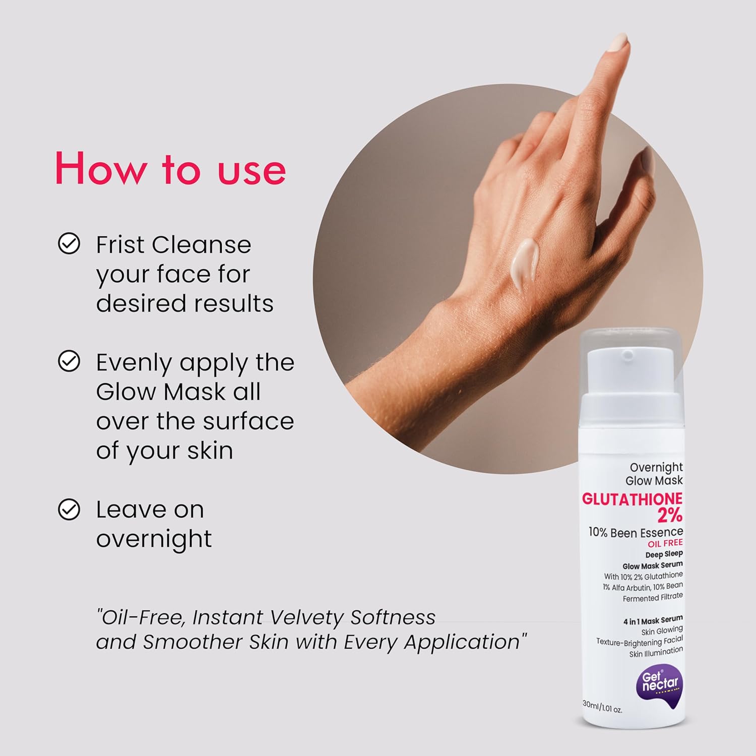 Get Nectar Happiness Overnight Glow Mask 2% Glutathione Cream (Oil Free) with 10% Been Fermented Filtrate Essence for Skin Glowing Texture-Brightening facial, Skin Illumination (30ml)