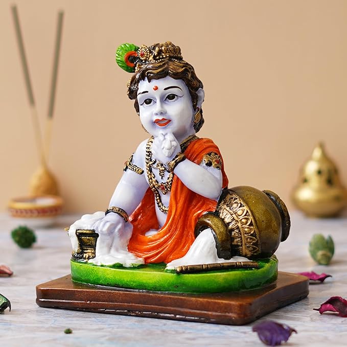 Ecraftindia Polyresin Handcrafted Little Krishna Idol Eating Makhan Decorative Showpiece for Devotees and Lovers of Lord Krishna
