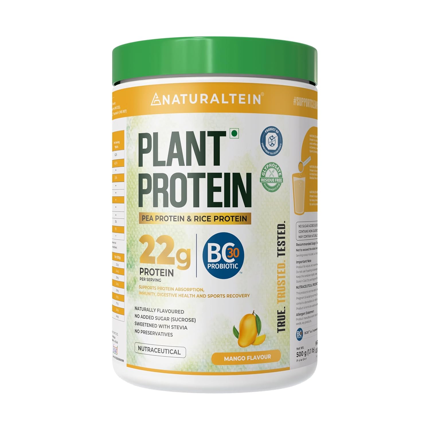 NATURALTEIN Plant Protein â€“ 22g Clean Protein with BC30 Probiotic | Trusted Natural Blend for Strength, Energy & Gut Health | Delicious Natural Mango flavour | No Sugar, Just Pure Wellness