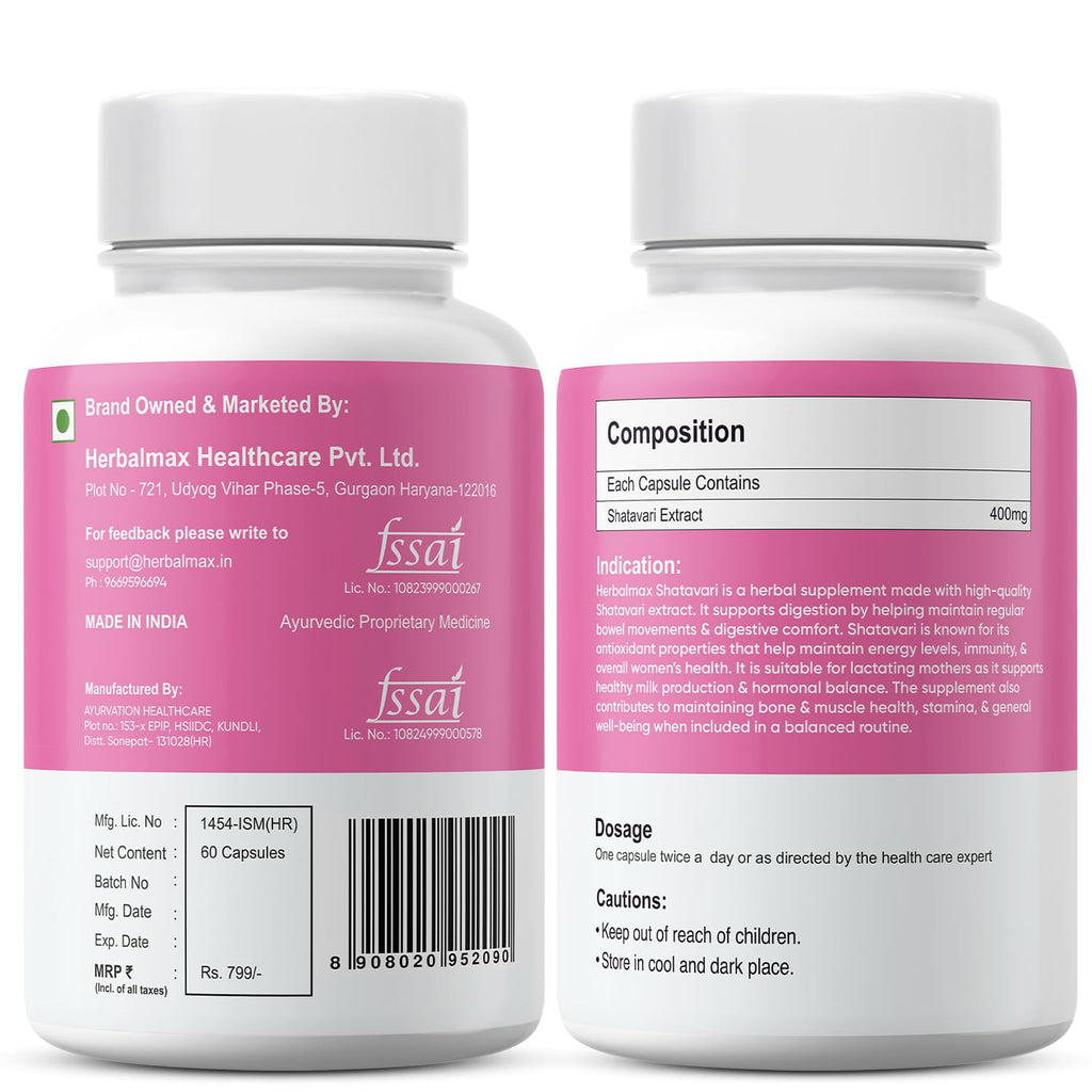 Herbalmax Organic Shatavari 400mg | Hormonal Balance & Womenâ€™s Health Supplement | Supports Lactation, Immunity, Bone & Muscle Strength, Rich in Antioxidants â€“ 60 Veg Capsules