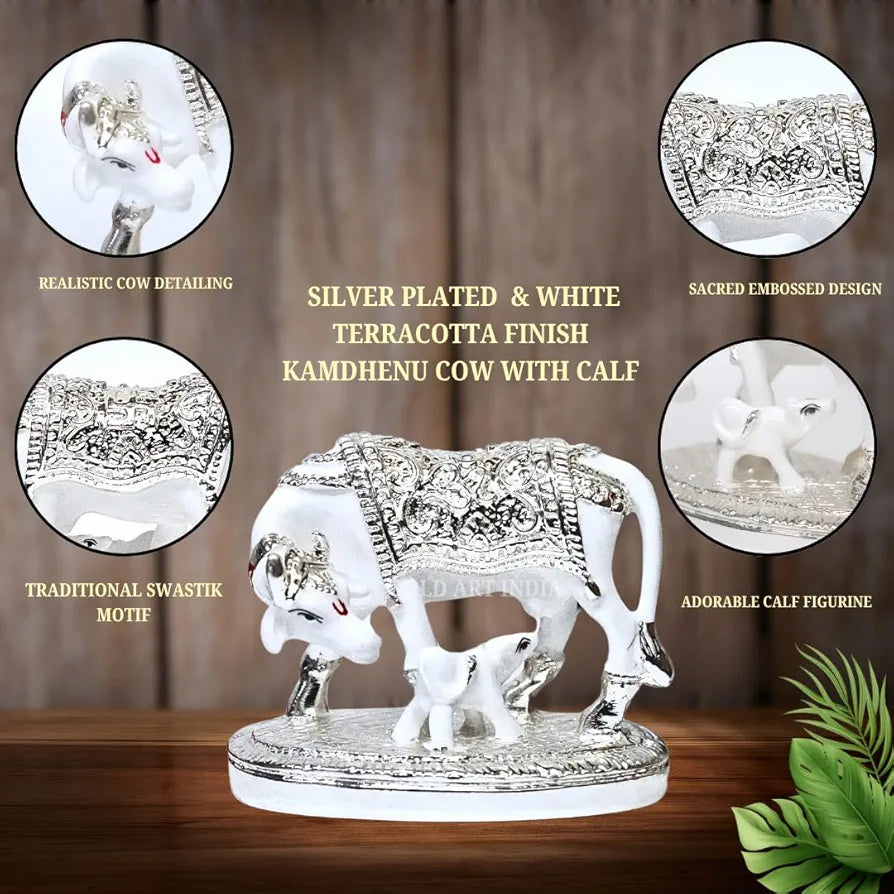 Gold Art India Kamdhenu Cow with Calf Idol White & Silver Plated Finish