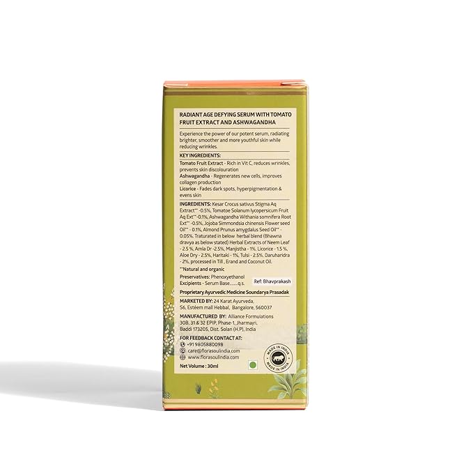FloraSoul Ayurveda Radiant Age Defying Serum with Tomato Fruit Extract & Ashwagandha - 10 ML