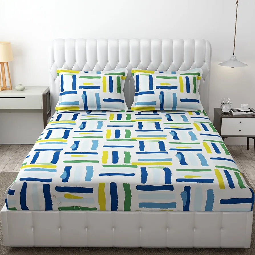 Fresh From Loom Microfiber Rotary Printed Bed Sheet Set King Size Hypoallergenic Wrinkle Free with 2 Pillow Covers 144 TC Multi Line