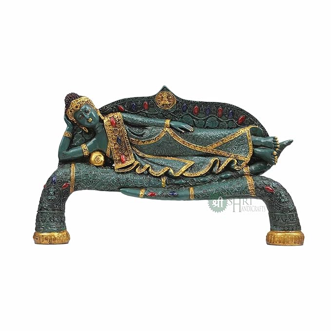 Indicast 15" Inch Handmade Buddha Sleeping Murti Stone Finish Meditating Idol Gifts Antique Design | Green