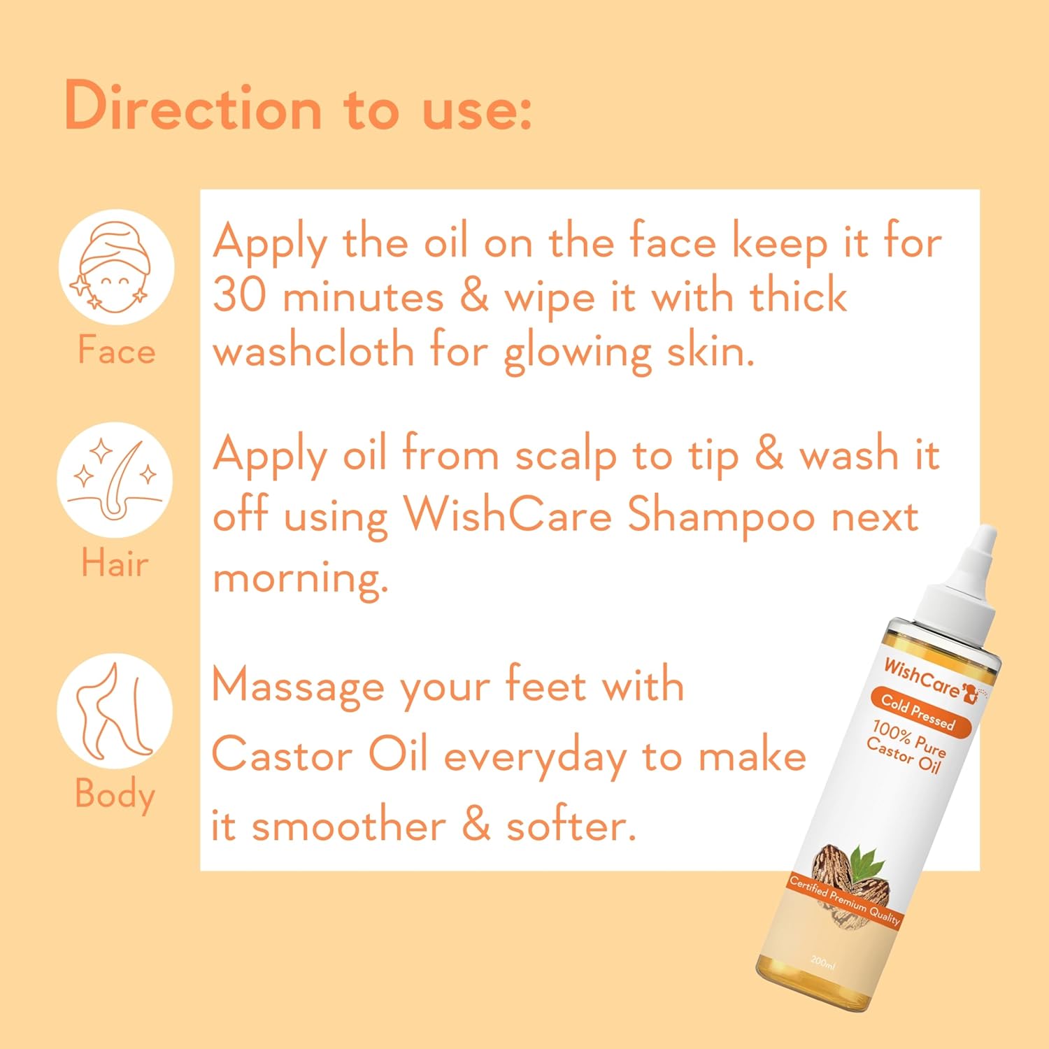 WishCare Cold Pressed Castor Oil | For Hair, Skin, Nails, Eye Lash | Virgin Grade | 100% Natural | 200ml