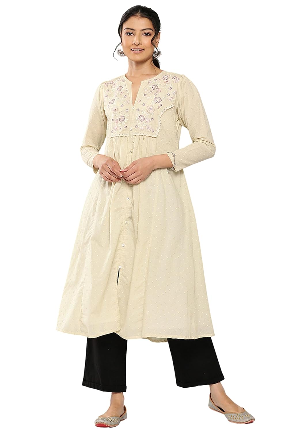Janasya Women's Off White Dobby Cotton Solid A-Line Kurta