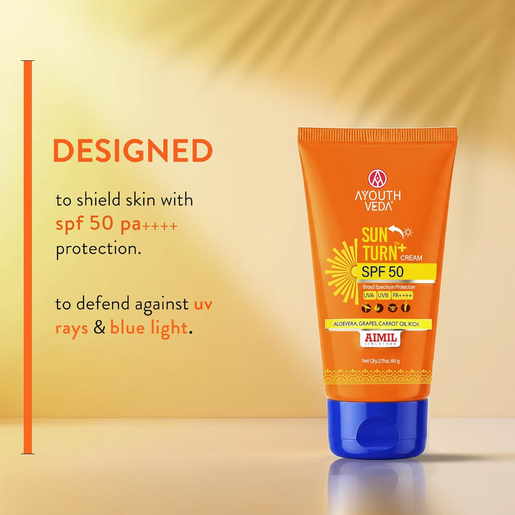 Ayouthveda Sun Turn+ SPF 50 PA++++ Sunscreen | Broad Spectrum UV & Blue Light Protection for Face & Body with Hyaluronic Acid | Hydrating Anti-Aging Formula | Non-Greasy & Water-Resistant | 60g (Pack of 1)