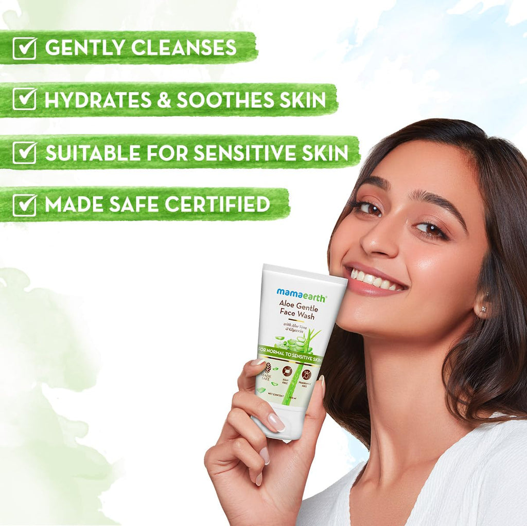 Mamaearth Aloe Gentle Face Wash with Aloe Vera & Glycerin for Sensitive Skin, Dry to Normal Skin -150 ml | Gently Cleanses | Hydrates & Soothes Skin | Fragrance & Soap - Free | Non-Irritant