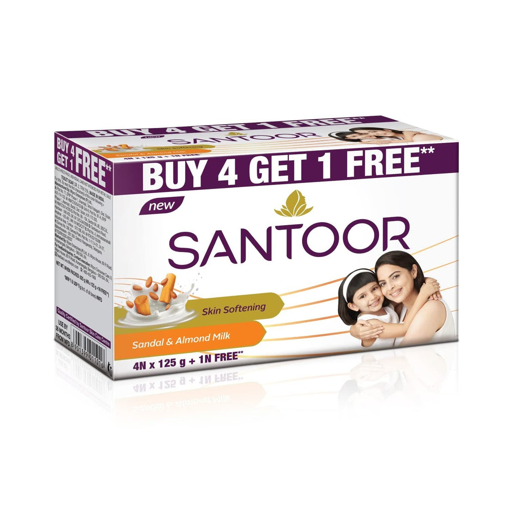Santoor Skin Softening Sandal & Almond Milk Bathing Soap - 125 gms (Pack of 5)