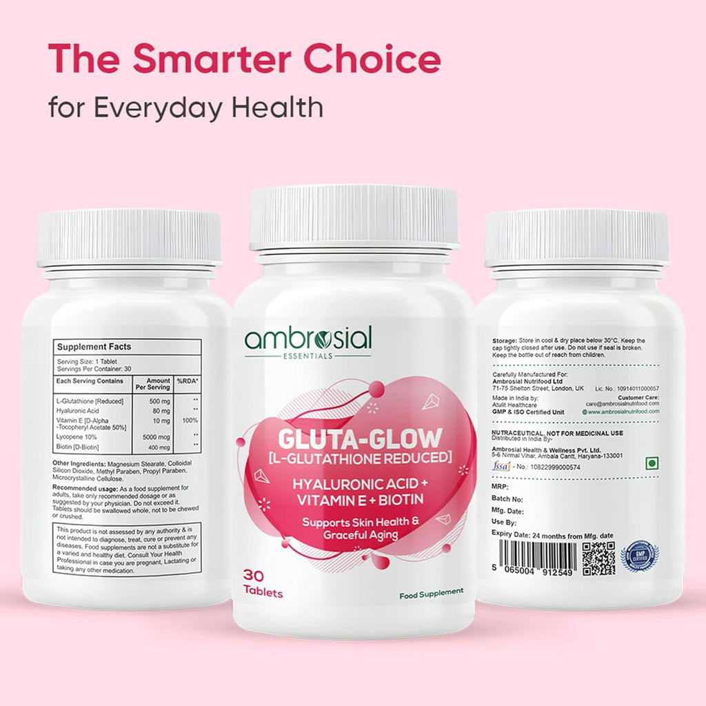 Ambrosial Gluta-Glow L-Glutathione 500mg Tablets with Vitamin C, Vitamin E, Hyaluronic Acid, Lycopene & Biotin â€“ Japanese L Glutathione Supplement â€“ 30 Vegan Tablets