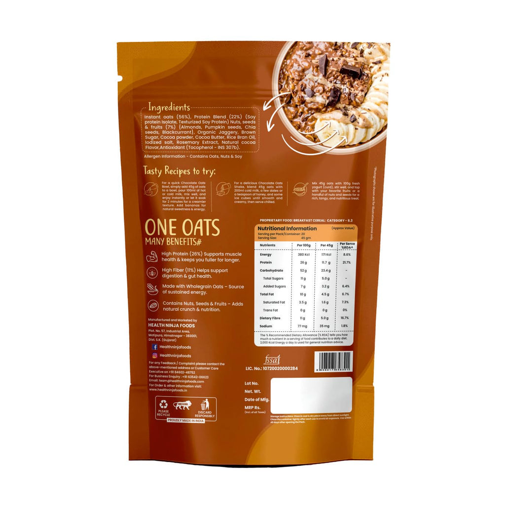 Health Ninja Dark Chocolate Oats | High Protein Breakfast Oats | Protein Oats 900 gm Pack