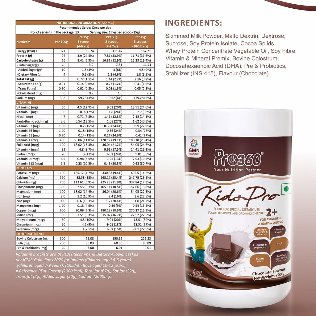 Pro360 Kidspro Protein Powder Child Nutrition & Health Supplement for Growing Children, Improves Growth and Active Strong Kids â€“ 200g (Chocolate Flavor)