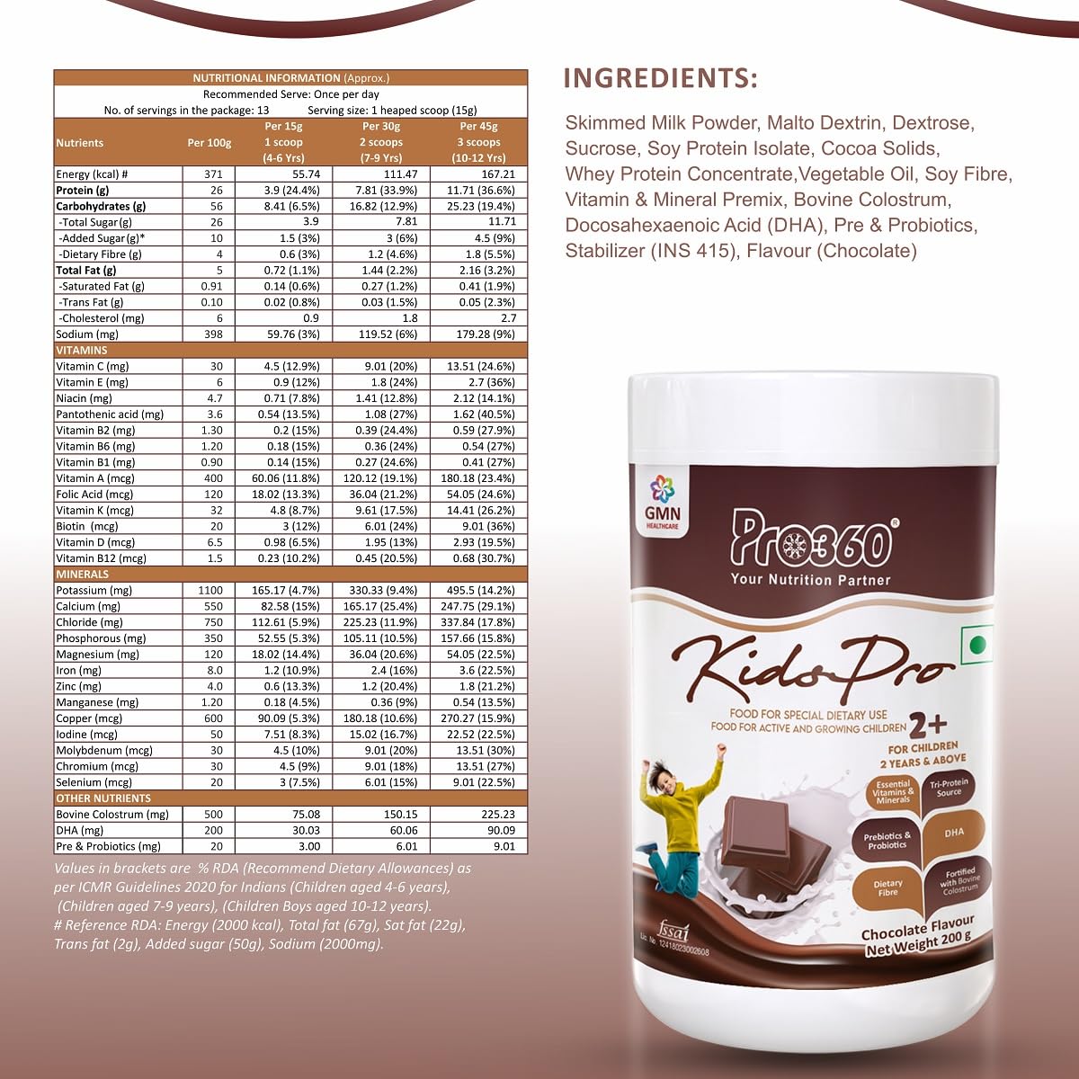 Pro360 Kidspro Protein Powder Child Nutrition & Health Supplement for Growing Children, Improves Growth and Active Strong Kids â€“ 200g (Chocolate Flavor)