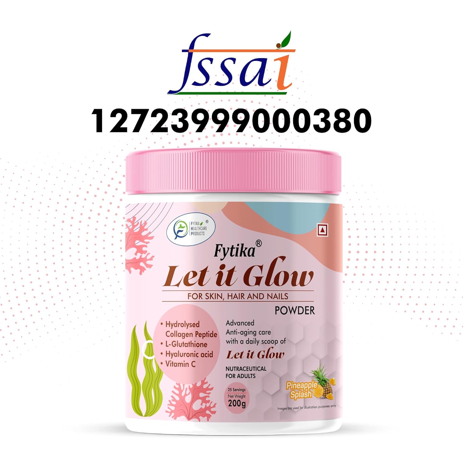 Fytika Let It Glow - 200g (Pineapple, Pack of 1) Marine Collagen Supplement Powder for Men & Women|L- Glutathione, Vitamin C, Sesbania Agati Extract|Promotes Healthy Skin, Hairs and Nails