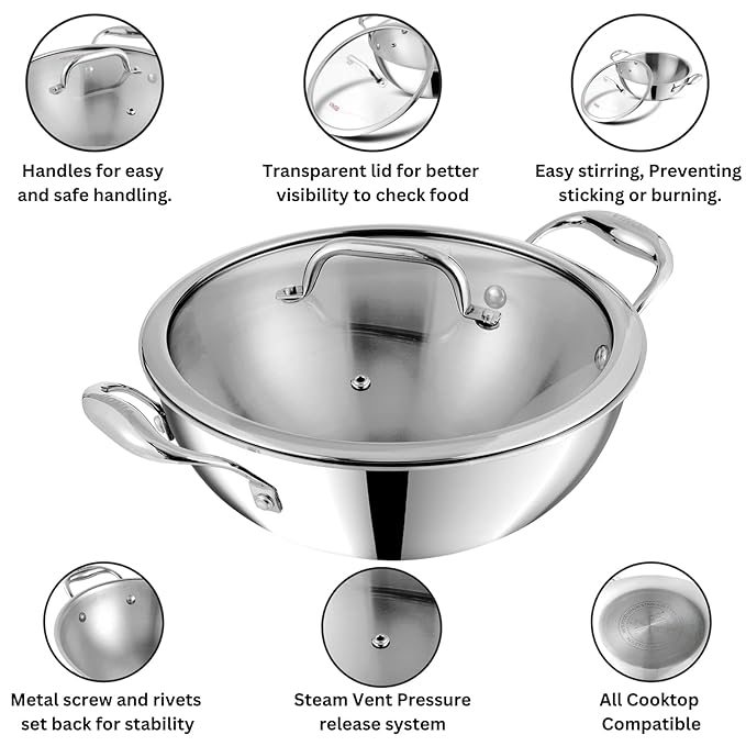 Vinod Platinum Triply Stainless Steel Extra Deep Kadai with Glass Lid 2.5 Litre (22 cm) | 2.5mm Thick | Kadai for Cooking