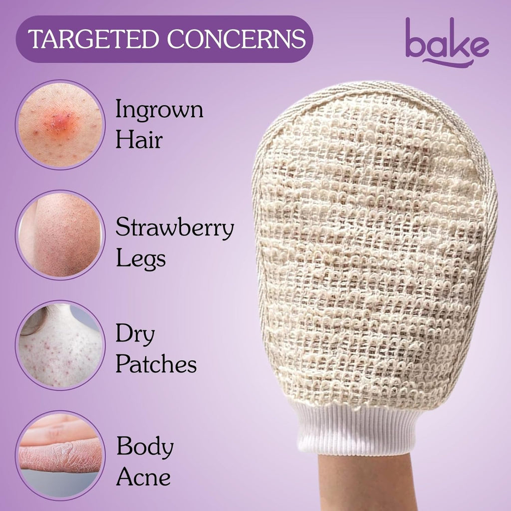 BAKE Exfoliating Bath Glove for Dead Skin, Tan Removal, Strawberry Skin, Body Acne & Ingrown Hair | 100% Ramie Plant Fibre, Body Exfoliator for Dry Patches | For Men & Women | 1 Glove (20g)