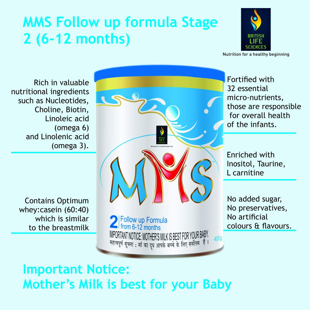 British Life Sciences MMS Stage 2 Infant Milk Powder|Follow-up Formula from 6-12 Months|Supports Healthy Baby Growth|Easy on Stomach|Omega 3 & Omega 6|Wholesome Baby Food|No added sugar|400g
