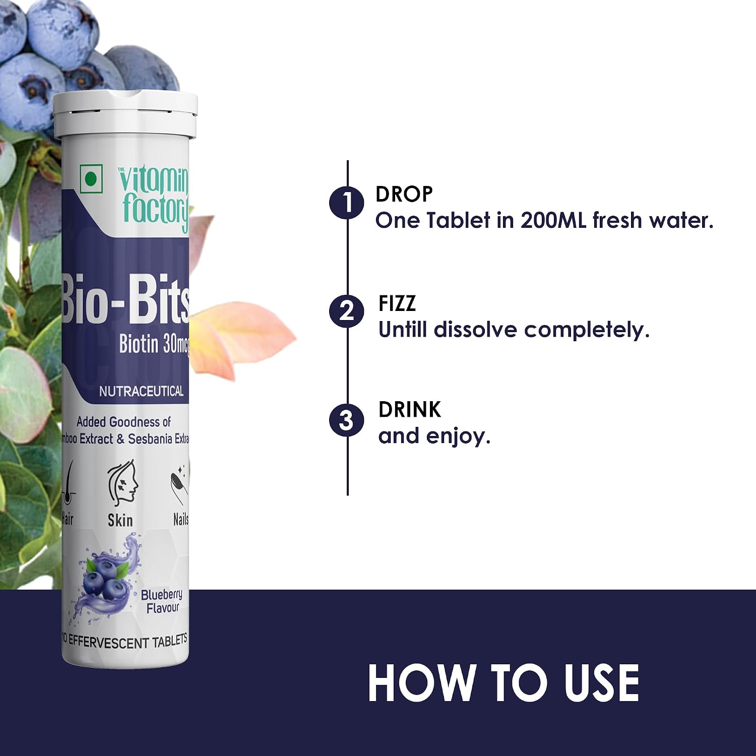 The Vitamin Factory Biotin Effervescent Tablets - Blueberry Flavor - 20 Tablets - Hair Growth, Fall & Health - Bamboo, Sesbania, Vit C, N-Acetyl L-Cysteine