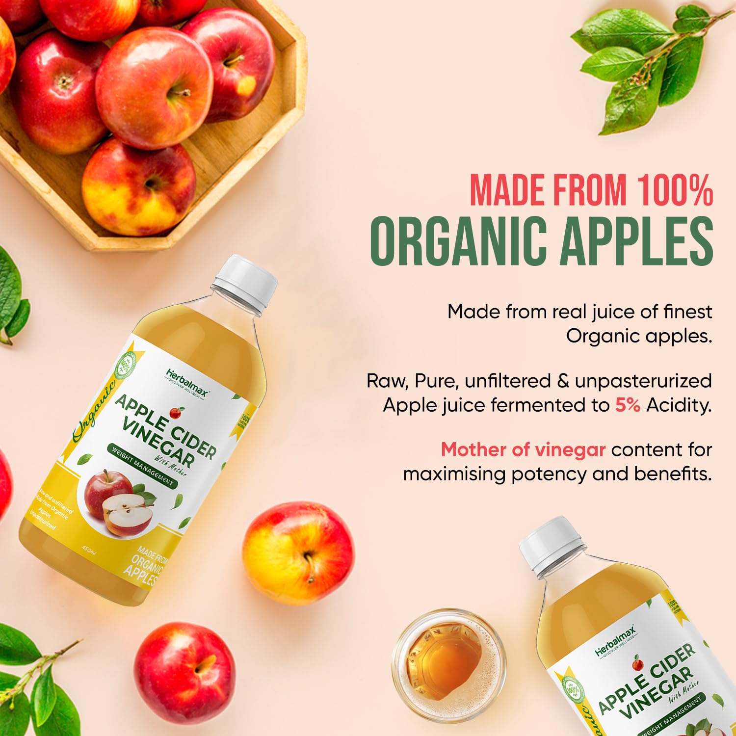 Herbal Max Unfiltered Apple Cider Vinegar with the Mother – 450mL | Raw & Unpasteurized | Supports Weight Management, Digestion & Bloating Relief