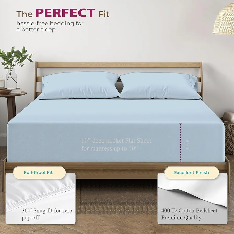 Trance Home Linen 100% Cotton 78x72 inch King Elastic Fitted Bedsheet 400 Thread Count Premium Bedsheet with 2 Pillow Covers Colour Sky Blue
