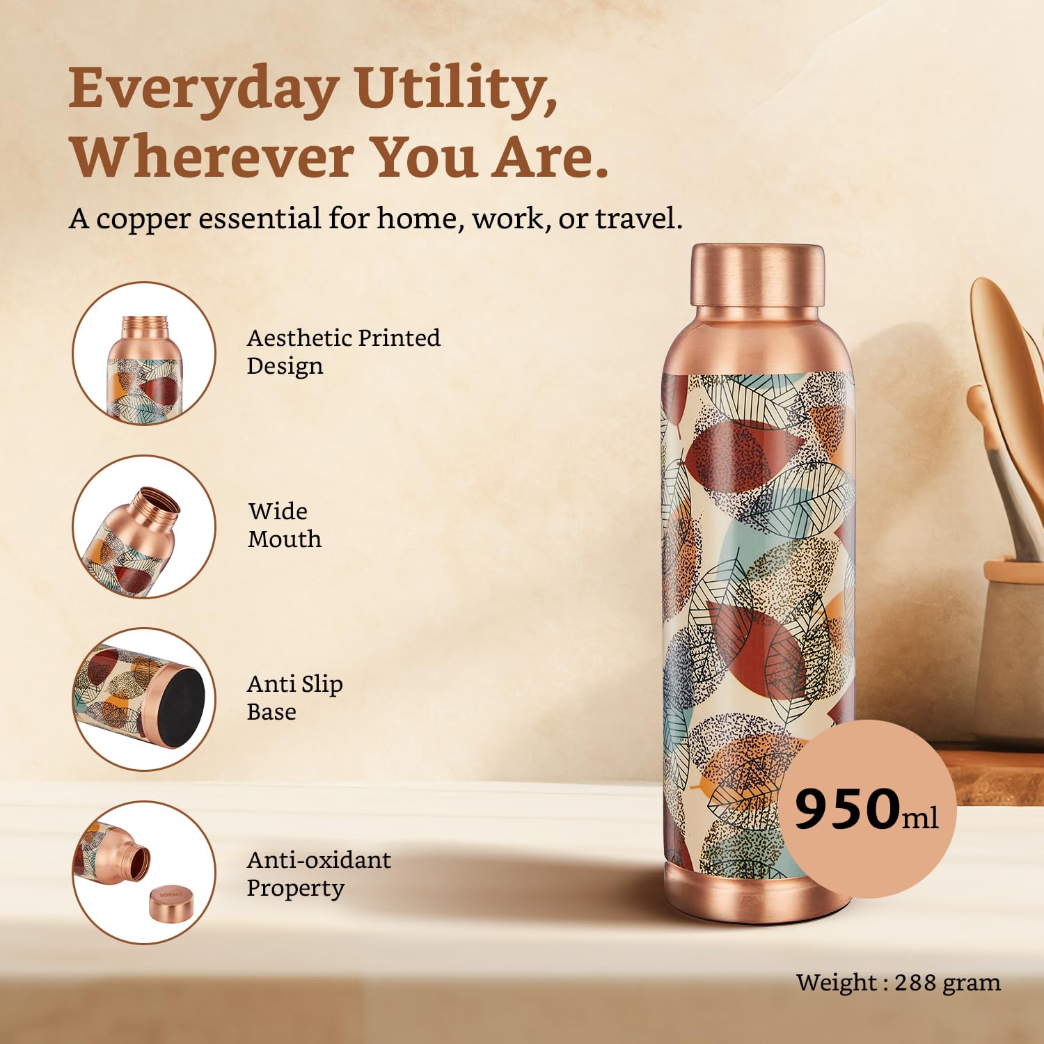 Solimo Copper Leak-Proof Meenakari Bottles | 950 ml | Pure Copper | Traditional Art Design | Daily Wellness Bottle