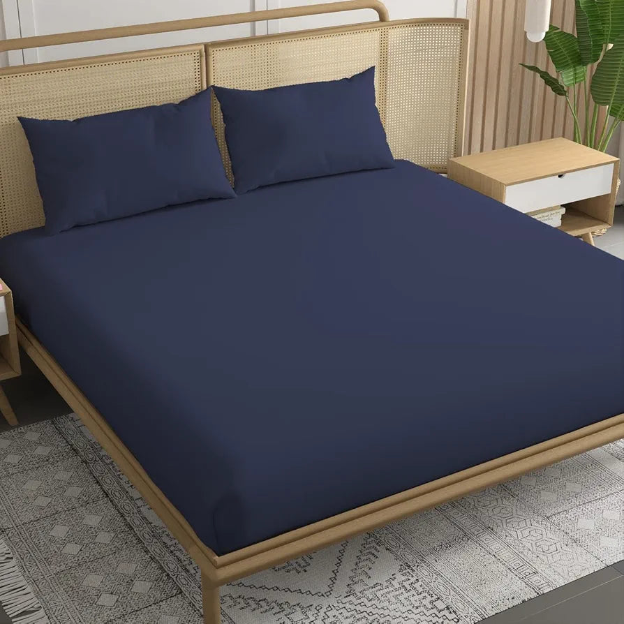 Trance Home Linen 300 TC Bamboo Fitted Queen Size Bedsheet Soft Breathable & Eco-Friendly Bedsheet with 2 Pillow Cover Colour Mediterranean Blue