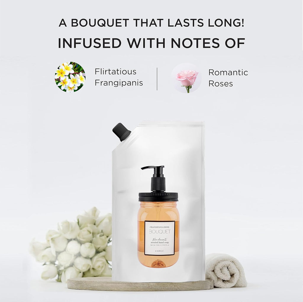 Kimirica Bouquet Foaming Liquid Hand Wash Refill Pack with Goodness of Frangipani and Rose, 100% Vegan & Paraben Free Moisturizing Hand Wash | Soft on Hands (1L)
