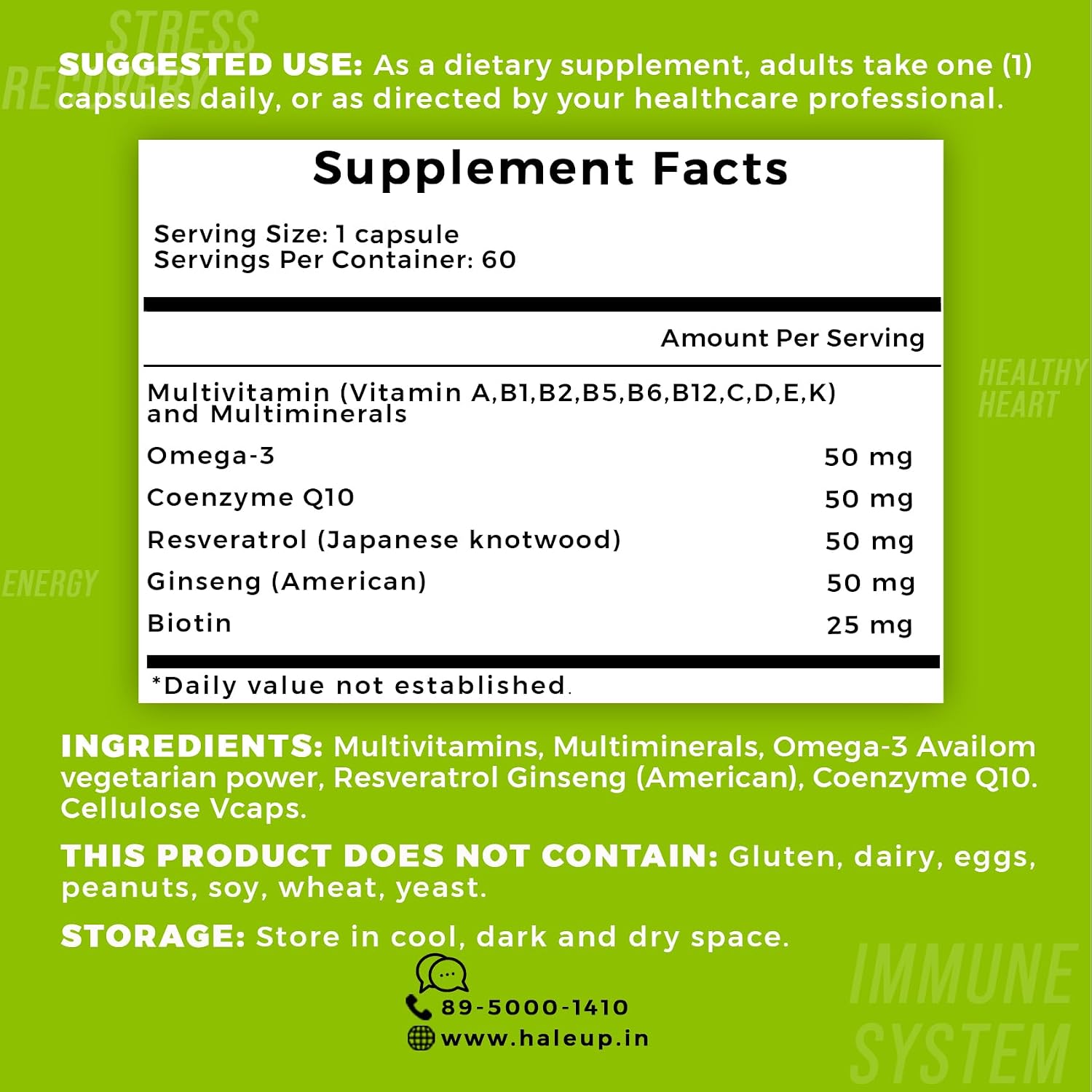 Haleup Multivitamins capsules for Women & Men 60 capsules - Multivitamin & Multimineral Supplements with Omega-3, Resveratrol, Coenzyme Q10 & Biotin