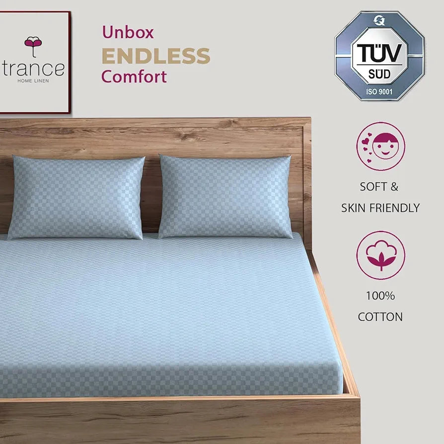 Trance Home Linen Premium 300TC 100% Cotton Jacquard Weave Fitted Bedsheet for King Size Bed with 2 Pillow Cover Skin Friendly Colour Slate Blue