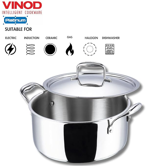 Vinod Platinum Triply Stainless Steel Saucepot with Lid - 5 Litre, 24 cm | 2.5mm Thick | SAS Bottom | Biryani Pot