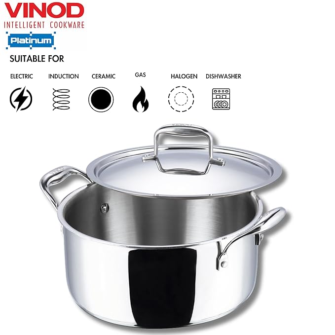 Vinod Platinum Triply Stainless Steel Saucepot with Lid - 8 Litre, 30 cm | 2.5mm Thick | SAS Bottom | Biryani Pot