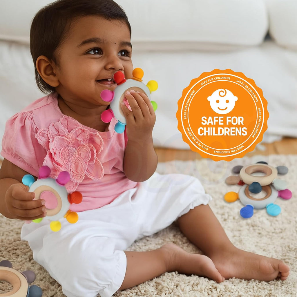 Kidology Wooden Baby Teether Ring 6-Point Silicone Chew Toy