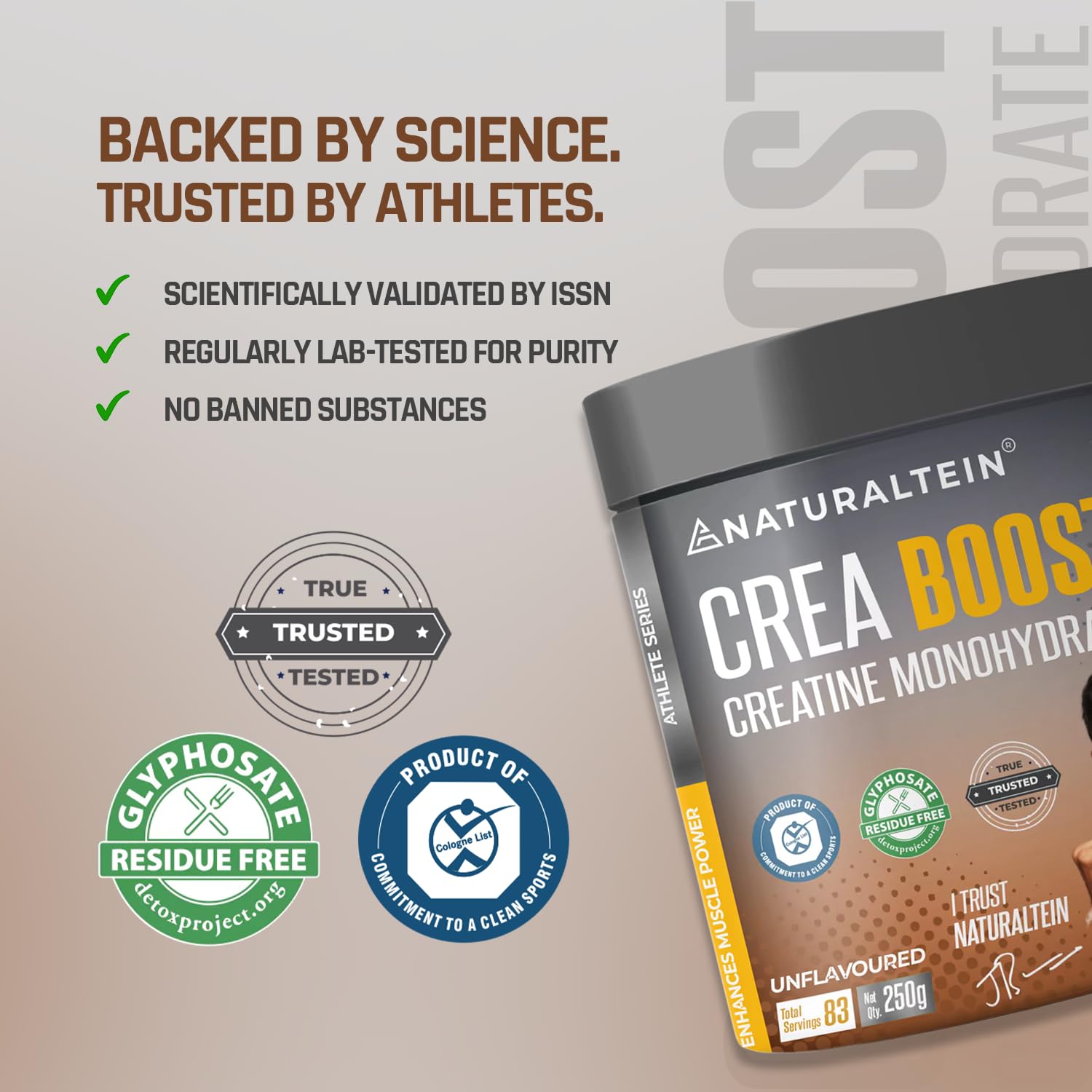 NATURALTEIN Creatine Monohydrate Unflavoured (250 Grams, 83 Servings)| Boosts Strength, Endurance & Muscle Recovery | No Fillers, No Preservatives|Fast Recovery|Increases Muscle Mass