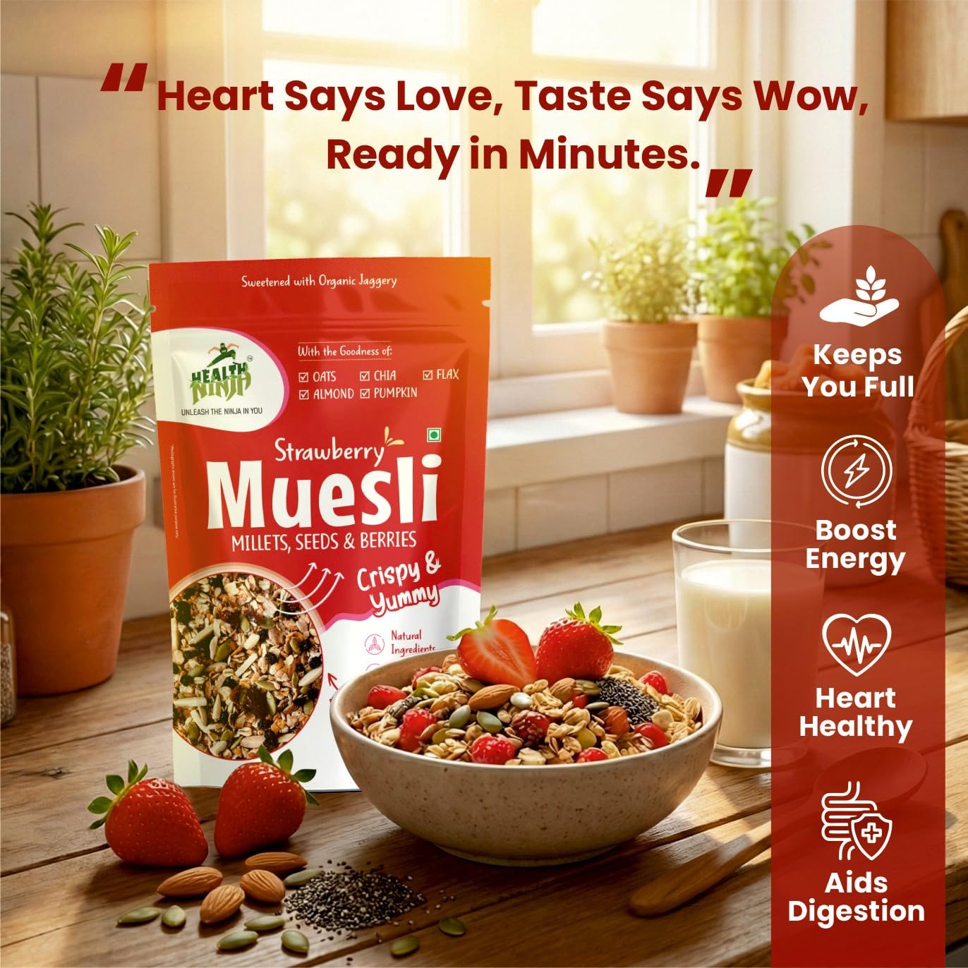 Health Ninja Strawberry Muesli | High Protein Breakfast Cereal | Oats, Almonds, Chia, Flax & Pumpkin Seeds | 900 g (Strawberry)