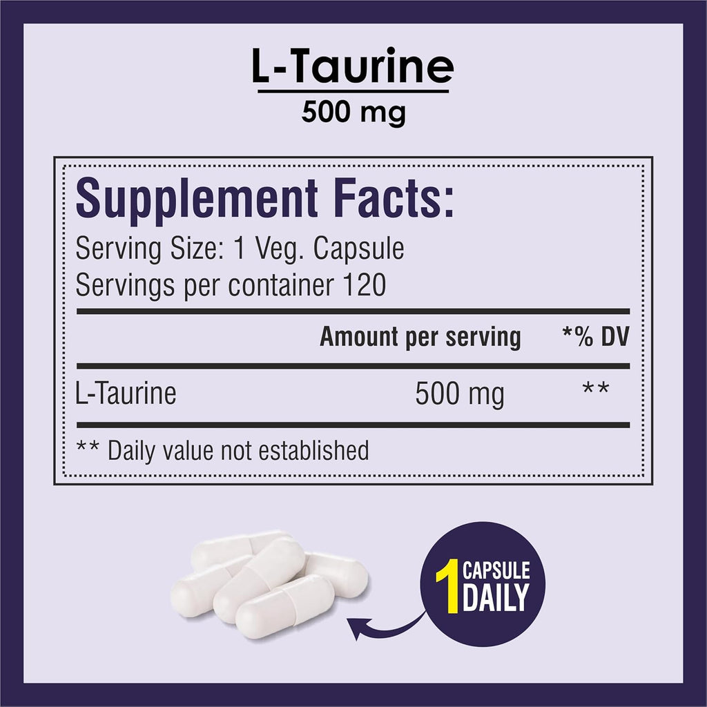 Biotrex Nutraceuticals L-Taurine 500mg Supplement, Energy, Heart, Brain & Eye Health Support, Cardiovascular system, 120 Vegetarian Capsules