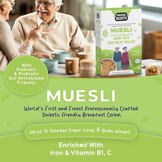 Organic Habits Muesli, Diabetic Friendly Breakfast Cereal With Fruit, Nuts, Seeds, Vegetables, Millets & Wholegrain - 400 Gms