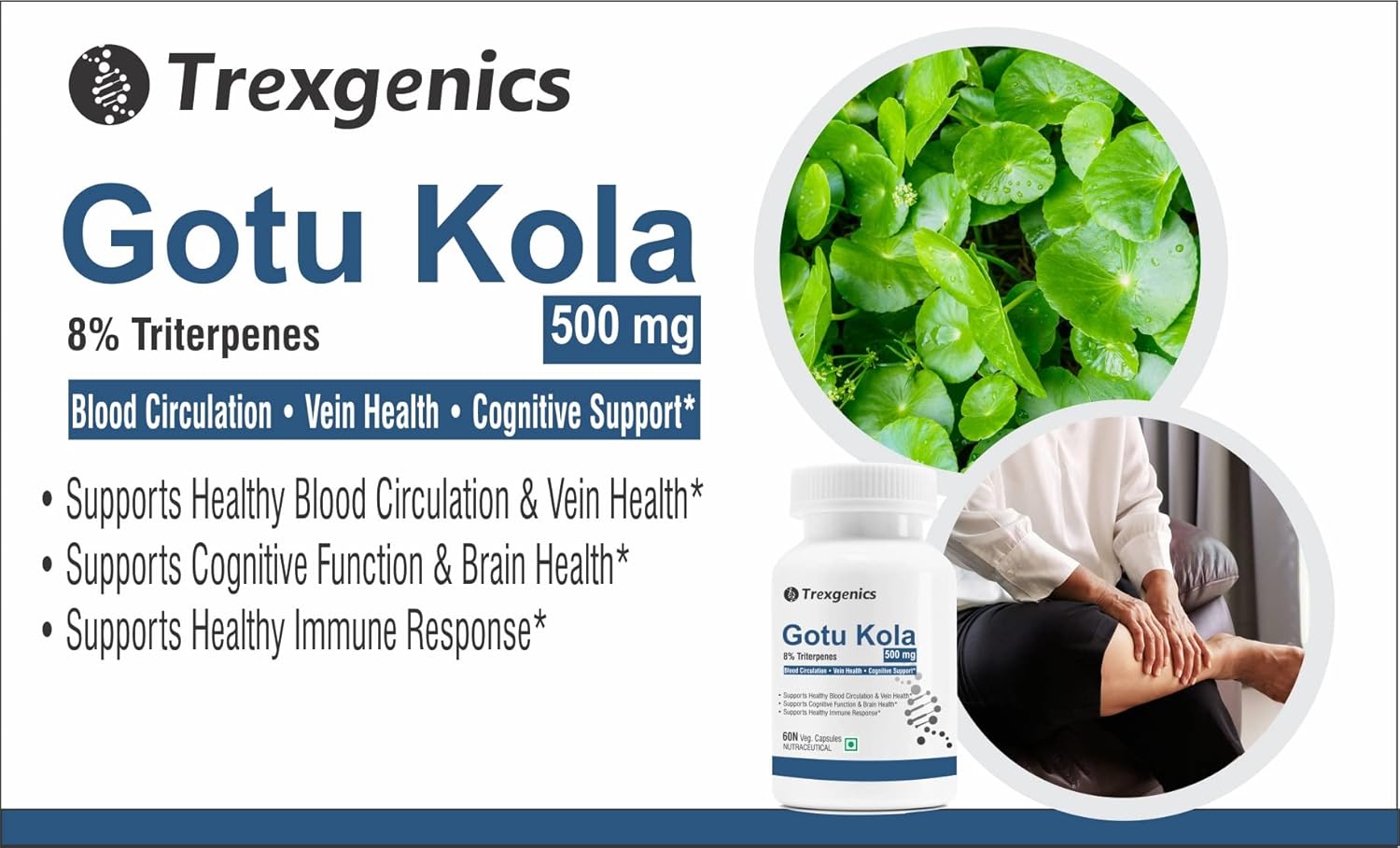 Trexgenics GOTU KOLA 8% Triterpenes 500 mg Vein Health, Blood circulation, Cognitive Function, Immunity VEGAN & NON-GMO (60 Veg Capsules)