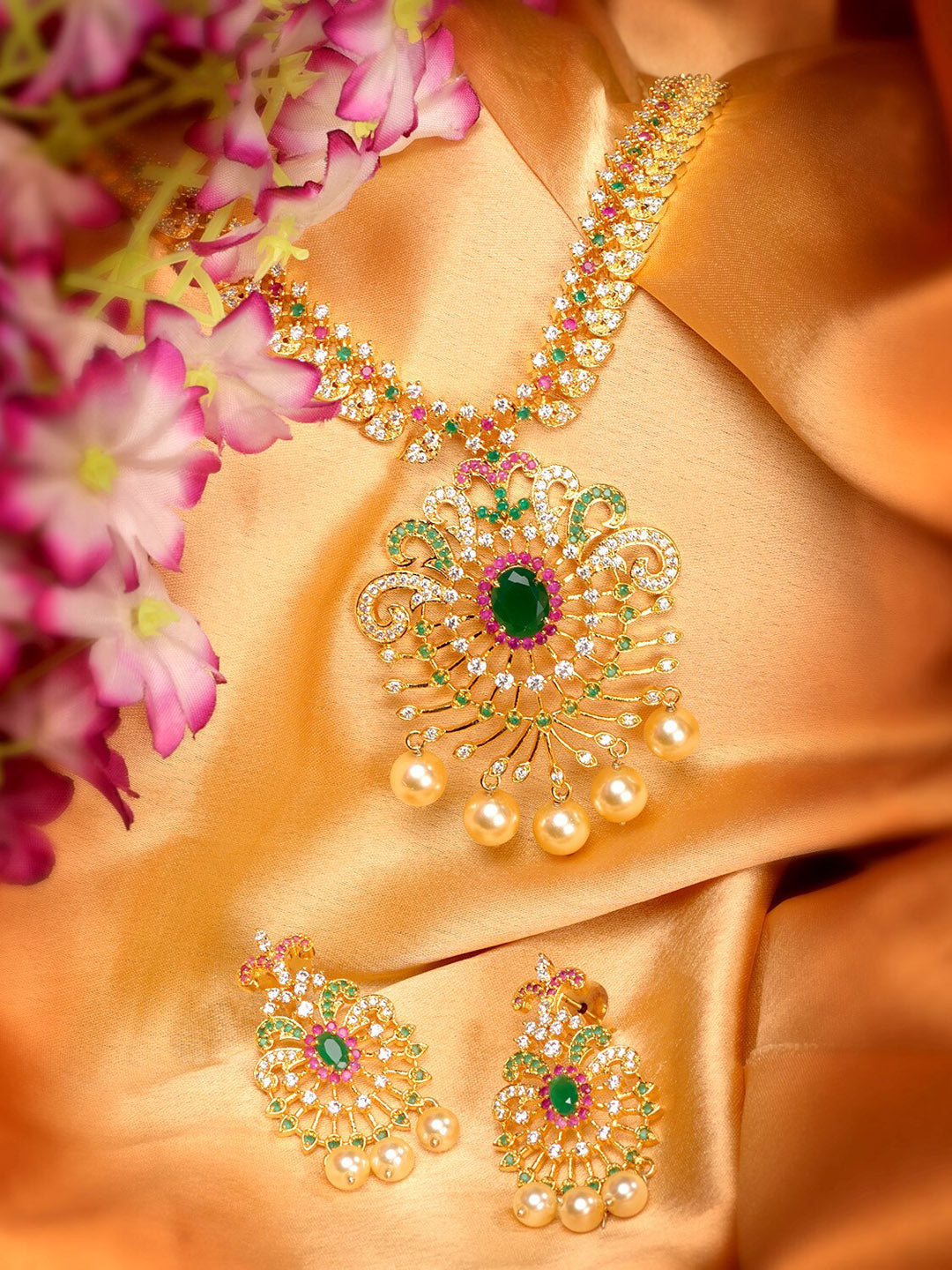 Saraf RS Jewellery Women Gold-Toned & Multi-Coloured CZ-Studded Handcrafted Jewellery Set
