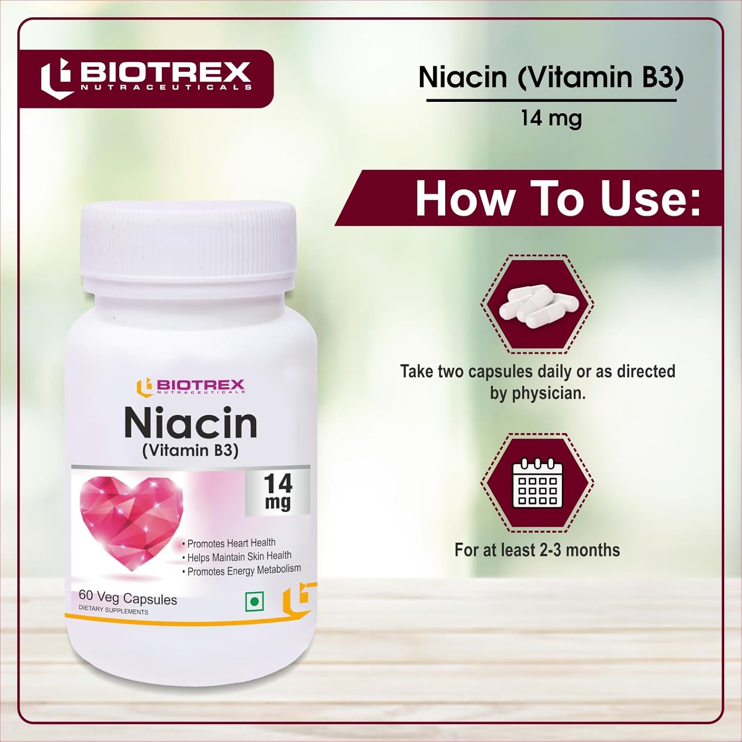 Biotrex Nutraceuticals Niacin 14mg Vitamin B3 With Inositol 50mg Supplement - 60 Veg Capsules