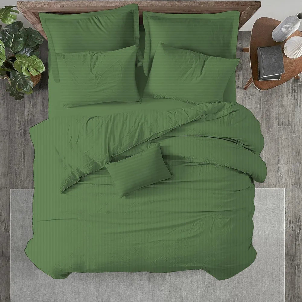 Trance Home Linen Zippered 100% Cotton 200 TC Satin Stripe Queen Duvet Cover Quilt Cover with 2 Pillow Covers Colour Moss Green