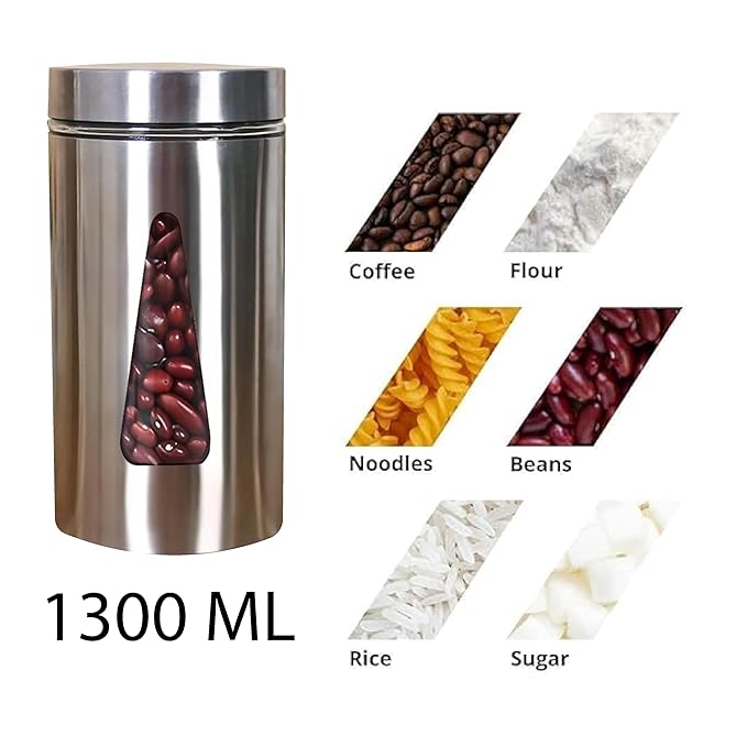 Femora Kitchen Storage Jars Steel Finish With See Through Window Jar | 1300 Ml | Pack of 2